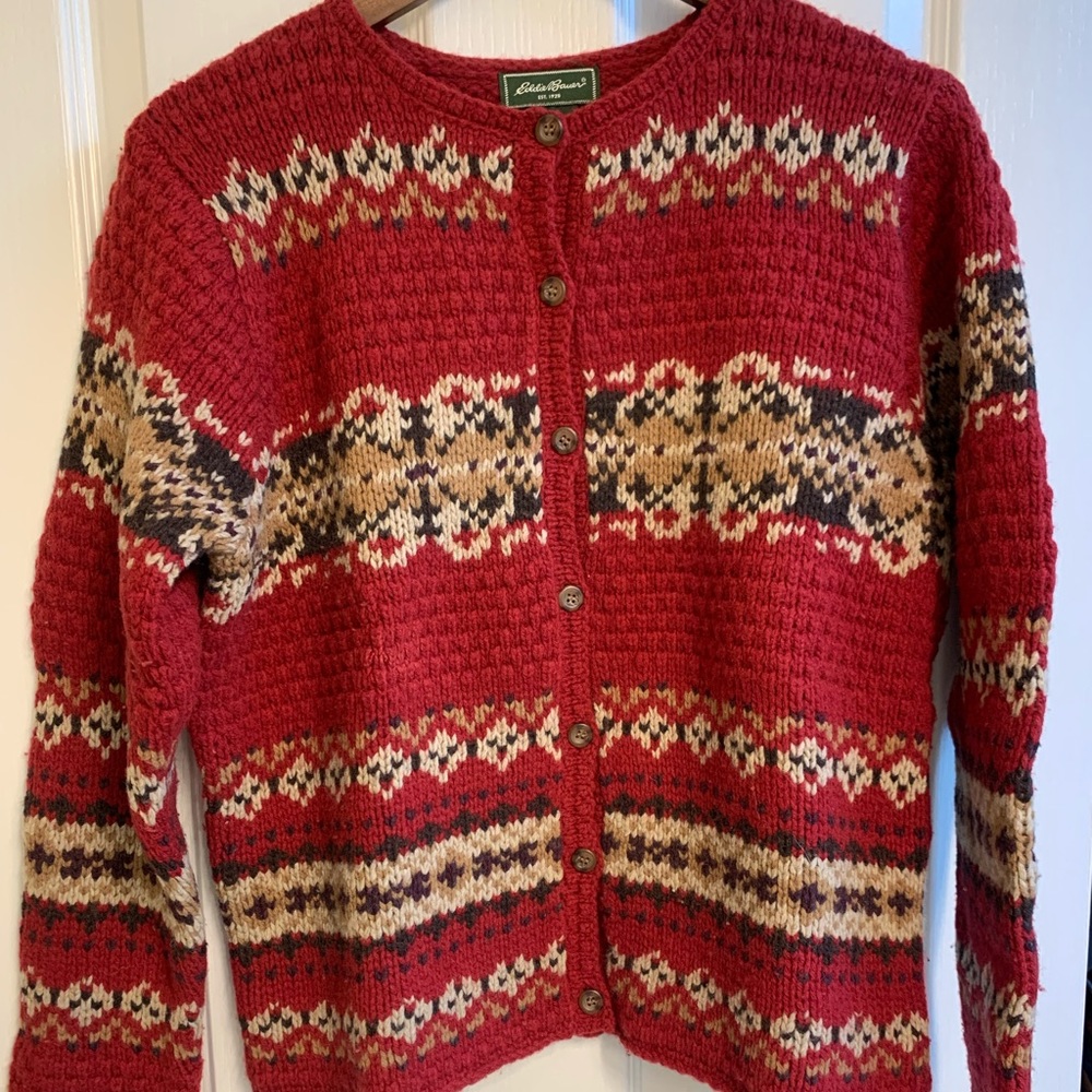Eddie Bauer Lamb’s Wool Cardigan Sweater - Medium - Dark Red - Vintage - FIRM
